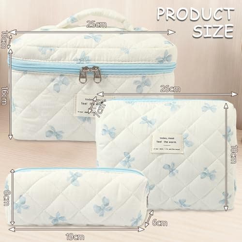 Aucuu 3PCS Coquette Makeup Bag, Quilted Makeup Bag for Women, Floral Cotton Cosmetic Bag Set, Large Capacity Aesthetic Floral Toiletry Bag, Travel Toiletry Bag, Wash Organizer Pouch for Women Girls — view 2