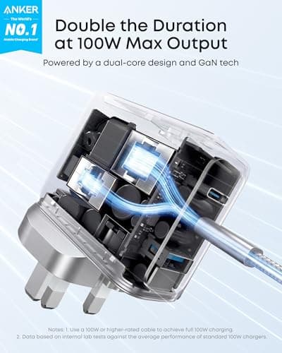 Anker 100W USB C Charger, 3-Port Fast Charger Plug, Ultra-Compact GaN Laptop Charger, Smart Display, Touch Control, for MacBook, iPad, iPhone 17/16/15 Series (Silver, USB-C Cable Included) — view 2