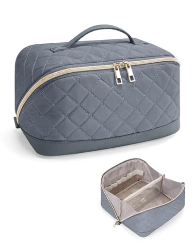 Travel Makeup Bag Quilted Cosmetic Bag for Women with Brush Compartments