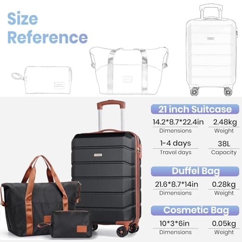H.yeed Luggage Sets of 3 Piece, Lightweight Trolley Travel Suitcase Set ABS Hard Shell with 4 Spinner Wheels TSA Lock for Man Women, 21" + Duffels Bag & Toiletry Bag, Black — view 3
