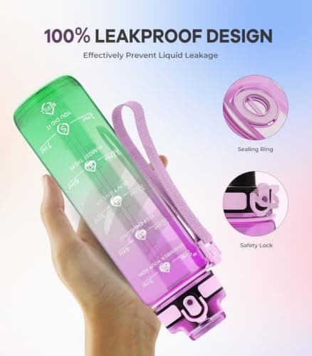 Gylinm 1L Water Bottle Made of BPA-Free Tritan Material, Sports Water Bottle with Removable Straw & Hydration Time Markerings, Ideal for Gym, Travel, Home, School and Outdoor Activities - Purple-Green — view 4