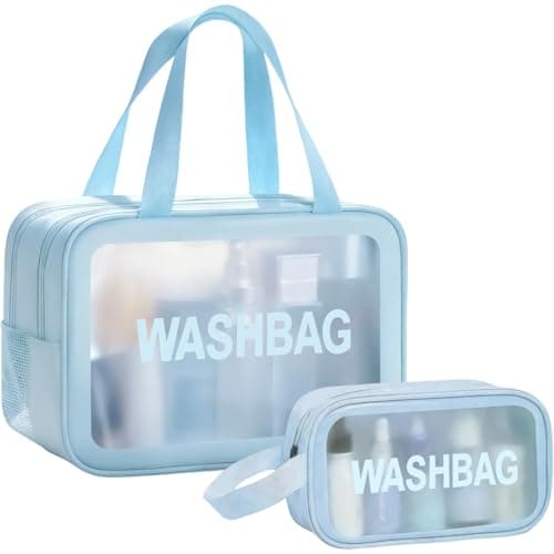 2 PCS Clear Toiletry Bag, Wet Dry Separation Wash Bag, Clear Ttravel Toiletries Bag, Waterproof Large Capacity Shower Bag, PU Makeup Bag with Handles for Women Girls