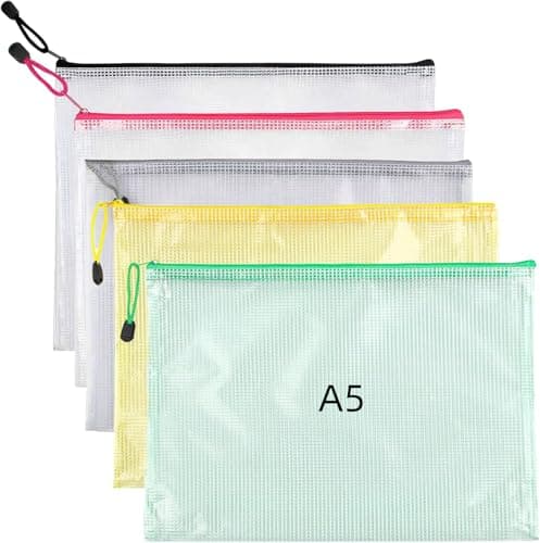 A5 Zip Wallets,5Pack Waterproof Plastic Zip Folders with Secure Zippers Bags, Easy to Classify Multicoloured Document Bag,Ideal for School, Office, Travel, Documents and Tool Storage
