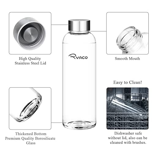 RYACO Glass Water Bottle 550ml/18oz,Borosilicate Glass Bottle with Neoprene Protective Case for Hot Cold Drinks,BPA-Free Leak Proof,Sport Water Bottles with Sponge Brush,Dishwasher Safe — view 3