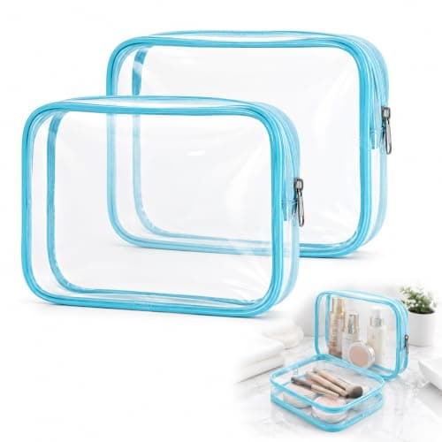 Clear PVC Travel Pouches for Toiletries, Navy Trim, Zip Closure, 2-Pack