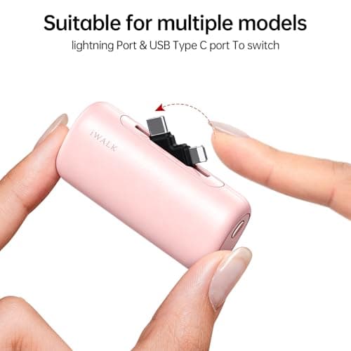 iWALK 5500mAh Portable Charger, 20W Fast Charging Power Bank with Built-in USB-C & Lightning Connectors, Mini Plug-in Battery Pack for iPhone 17/16/15/14/13/12, Android Phones & AirPods, Pink — view 2