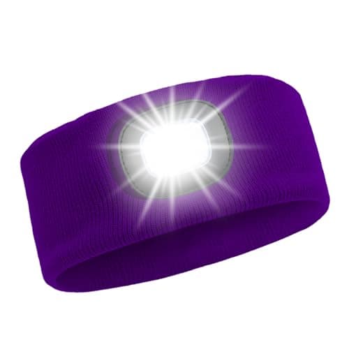 LED Lighted Headband, USB Rechargeable Night Running Headlamp Running Lights for Runners with 4 LED, Head Torch Stretchy Waterproof, Hands Free Flashlight for Runners Dog Walking Hiking (Purple)