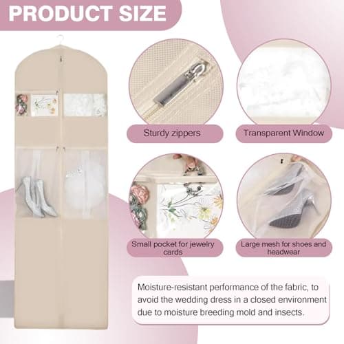 Wedding Dress Storage Bag,420D Waterproof Dress Cover Garment Bags Hanging,72" Folding Handles Travel Carriers&Protector Bags for Wedding and Feast with Large Pockets and Transparent Window — view 2