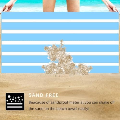Large Quick Dry Microfibre Beach Bath Towel,Double Sides Light Blue White Striped Sand Free Beach Towel with Bag,Lightweight Gym Yoga Sports Towel,Compact Travel Summer Beach Towel for Women Men — view 4