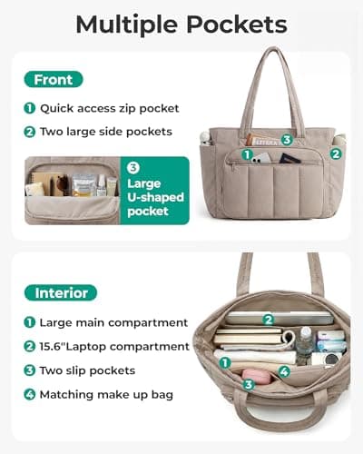 bagsmart Quilted Tote Bag for Women, 20L Large Work Handbag — view 4