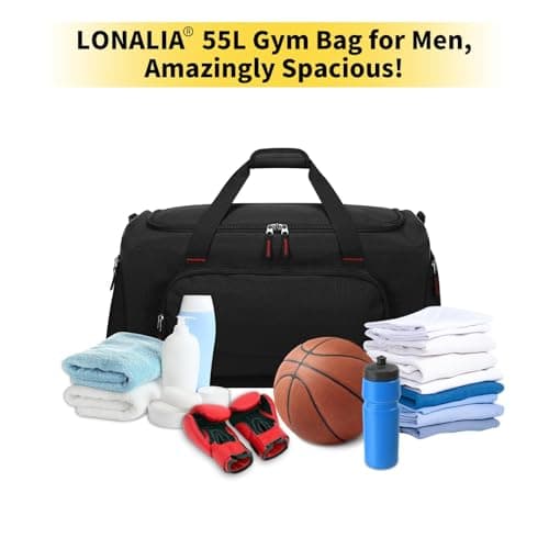 LONALIA 55L Large Gym Sports Duffle Bag for Men - 22 inch Mens Travel Holdall Weekend Overnight Bag (Black) — view 6