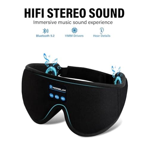 Morelax Bluetooth Sleep Mask Headphones, Blackout Wireless 3D Eye Mask with Headphones, 12H Sleeping Headband, HD Stereo Sleep Earphones, Adjustable for Travel,Nap,Yoga,Meditation,Insomnia Gift(Black) — view 5