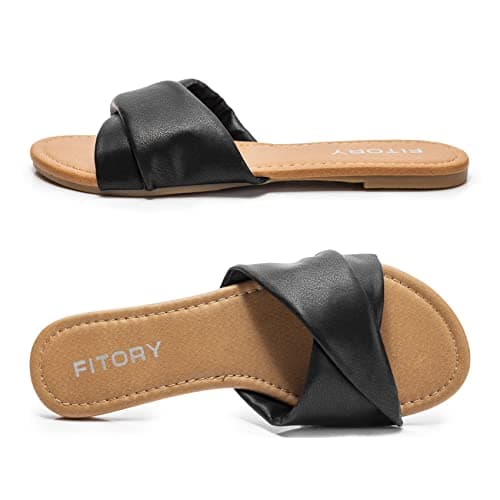FITORY Women's Sandals Flat Slip On Leather Summer Slide Pure Black Size 5 — view 3