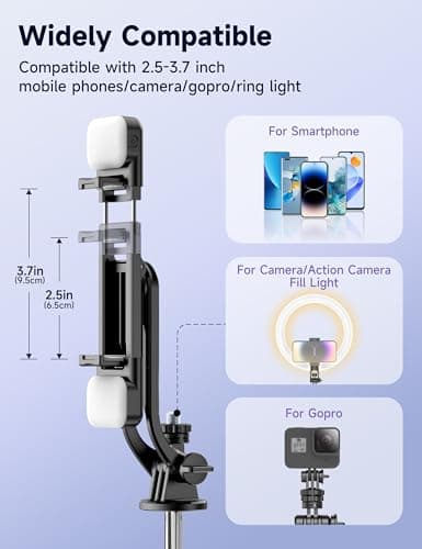 53'' Selfie Stick Tripod with Light, Extendable Selfie Stick with Remote, Portable Cell Phone Tripod Stand with All in 1 Phone Clip, Lightweight Camera Tripod Compatible with iPhone 17 16 15, Android — view 5
