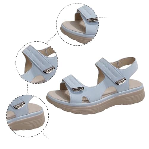 Wide Fit Sandals for Women Orthopedic Sandals Summer Open Toe Ankle Strap Sandals&Slides with Arch Support Low Wedg Lightweight Walking Shoes(Light Blue,6) — view 5