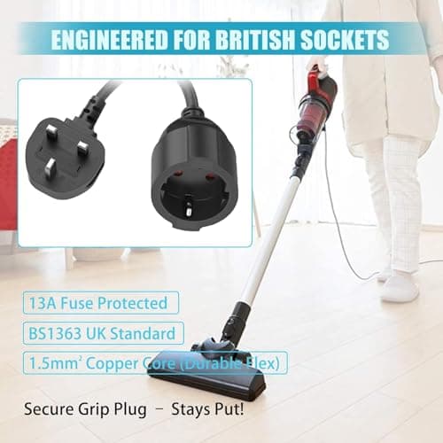 HITRENDS EU to UK Plug Adapter | 25CM Short Cable | With 13A Fused | Converts EU 2-Pin to UK 3-Pin | 250V/13A, 3250W for Power Tools & Appliances, Black — view 4