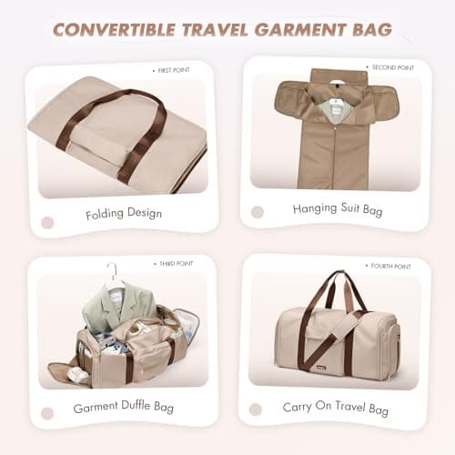 GOLF QUALITY Garment Bags for Travel 2 in 1 Convertible Suit Travel Duffel Bag for Women, Stylish Carry On Duffle Bag with Shoulder Strap Weekend Overnight Holdall Bags for Men 48L, Apricot — view 3