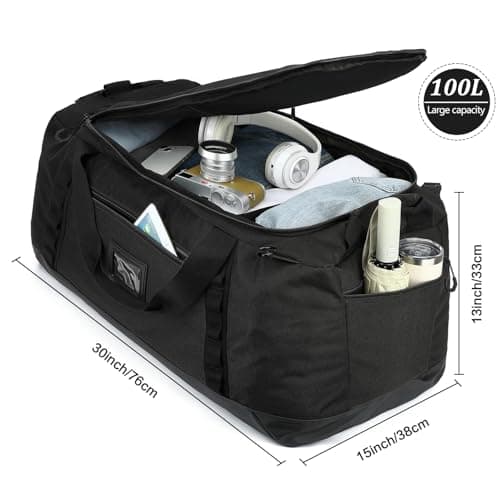 TUGUAN 100L Extra Large Duffle Bag for Travel Heavy Duty Duffel Holdall Backpack with Back Straps 30'' XL Big Weekend Overnight Bag for Camping Gym Sports Equipment Gear for Men Women, Black — view 6