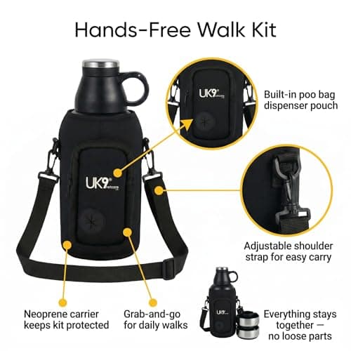 UK9 6-in-1 Dog Water Bottle | Portable 32oz Stainless Steel Travel Bottle with Water Bowl, Snack Bowl, Poo Bag Dispenser, Cup & Carry Bag | Dog Walking Accessories Kit — view 6