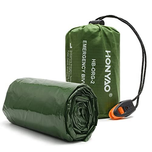 HONYAO Emergency Bivvy Bag, Survival Sleeping Bivy Bags, Rescue Blanket Portable Waterproof Shelter with Survival Whistle, Reusable for Outdoor Camping, Hiking - 1 Pack