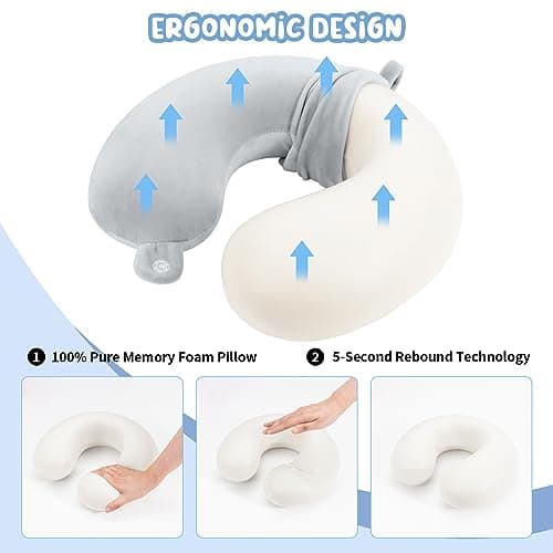 WENGX Travel Neck Pillow With Storage Bag Memory Foam Head Support Flight Pillows Cushion for Airplane Train Car Office Travel Essential for a Long Hauls Sleeping Rest (Grey) — view 6
