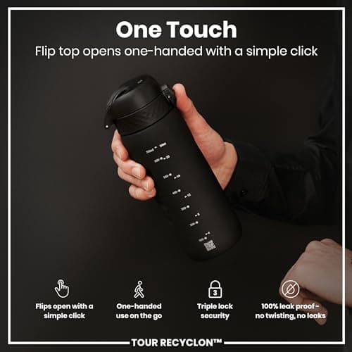 ION8 Sports Water Bottle, 750 ml/24 oz, Leak Proof, Easy to Open, Secure Lock, Dishwasher Safe, BPA Free, Flip Cover, Carry Handle, Soft Touch Contoured Grip, Easy Clean, Odour Free, Black — view 3