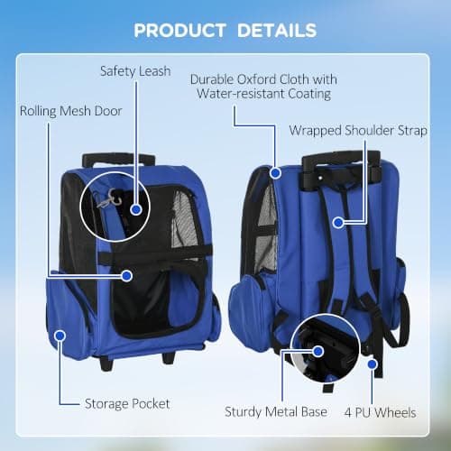PawHut Pet Travel Backpack Bag Cat Puppy Dog Carrier w/ Trolley and Telescopic Handle Portable Stroller Wheel Luggage Bag (Blue) — view 6