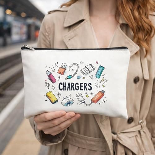 Charger Bag for Travel, White Synthetic Leather Zip Cable Organiser — view 2