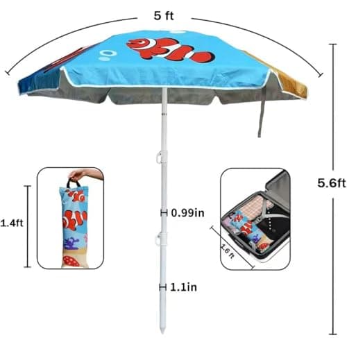 LOTTAFUN Kid 5ft Beach Umbrella Diameter 0.99-1.2 inches Pole UV 50+ Portable Sun Shade with Sand Anchor & Carry Bag, Outdoor Folding Umbrella for Beach,Pool,Patio,Garden (Fish) NO Tilt The sand needs — view 2