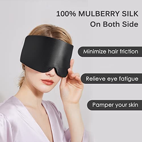 OLESILK 100% Natural Mulberry Silk Eye Mask for Sleeping, Large, Black — view 3