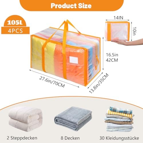 Dntorx 4 Pack 105L Moving Bags Clothes Storage Bags Drom Packing Box, Orange — view 2