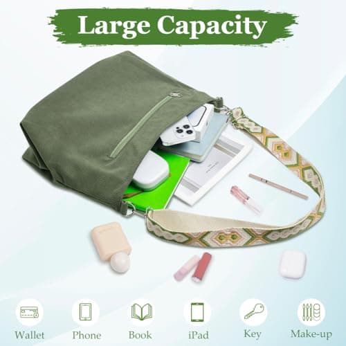 Aucuu Corduroy Tote Bag for Women, Corduroy Shoulder Bags, Large Capacity Hobo Bag with Adjustable Strap, Crossbody Hobo Bag with Zipper, Casual Handbag, Shoulder Bag for Work School Shopping Travel — view 5