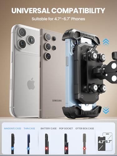 tounee Motorcycle Phone Mount - Dual Vibration Dampener, Tool-Free Bike Phone Holder Handlebar Clip & Secure Lock for iPhone 16/15 Pro Max, 4.7-6.7" Phones - Black — view 3