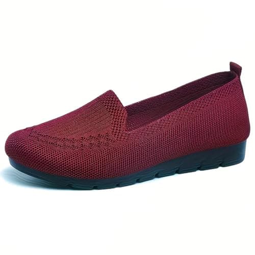 Boat Shoes Women Wide Fit Knitted Mesh Slip-On Flats Solid Color Breathable Low-Cut Casual Loafers with Soft Non-Slip Soles Lightweight Comfortable Walking Shoes for Everyday Wear Office Travel Red — view 4