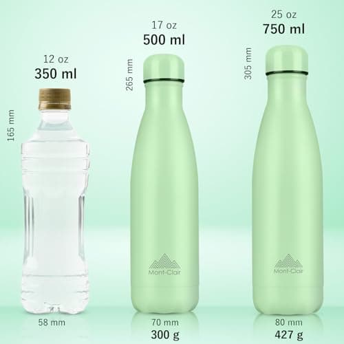 Mont-Clair l'O Stainless Steel Water Bottle, Vacuum Insulated - BPA Free, 12h Hot & 24h Cold Drinks, Metal Water Bottle 500ML Leakproof, Ideal for Adult, Kids, Running - Light Green — view 3