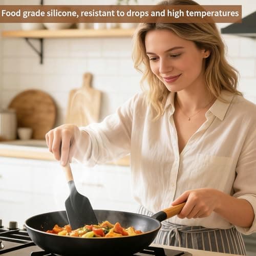 Senshuomy 12 PCS Kitchen Utensil Set, Silicone Cooking Utensils Set with Wooden Handle for Utensils BPA Free, Heat Resistant, Nonstick Cookware Tongs Spatula Spoon Set, Dishwasher Safe (Black) — view 4