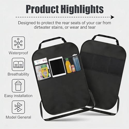 Car Seat Back Protector, Kick Mats Back Seat Protector for Vehicle Maintenance, Universal Fit for Cars and SUVs, Oxford Fabric Material in Black, Set of Two Seat Protectors for Back of Car Seats — view 4