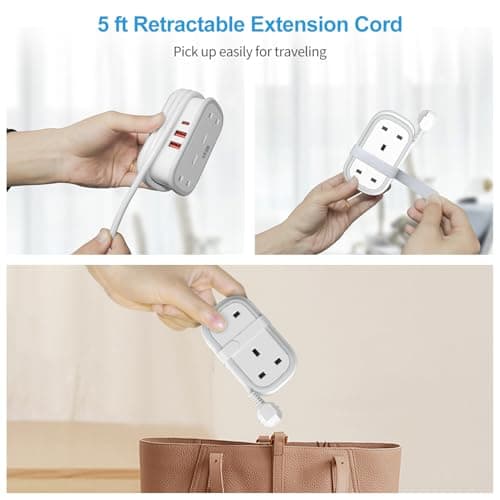 UK to European Plug Adapter with 1.5M Extension Cable, BEVA 2 Way 3 USB (2A+1C) Travel Adapter with Retractable USB C Cable for Germany France Spain Turkey Greece Iceland etc (Type E/F) — view 6