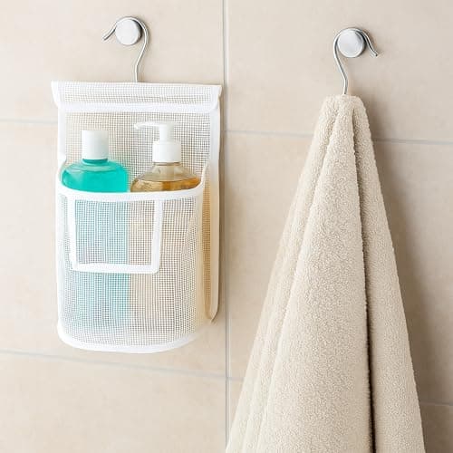 Bojueshaw Hanging Mesh Shower Bag with Hook,Reusable Laundry Clothespin Holder,Peg Basket for Washing Line,Bathroom & Travel(White) — view 5