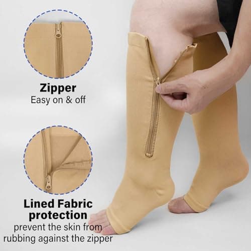 PUTUO Plus Size Compression Socks: Wide Calf Zip Flight Sock Women Men Extra Large Graduated Open Toe Support Stockings for Travel Beige XXL 1Pairs — view 4