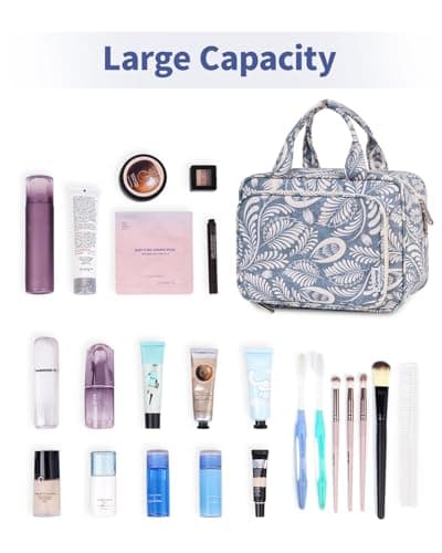 Narwey Full Size Toiletry Bag Large Wash Bag Makeup Bag Travel Organizer Cosmetic Bag for Women (Blue Leaf) — view 5