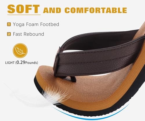 KuaiLu Men's Leather Flip Flops Arch Support Summer Beach Pool Water Thong Sandals Waterproof Rubber Walking Shoes Slip on Orthotic Casual Sport Cushioned Wide Slides Shower Slippers Khaki Brown 10 — view 4