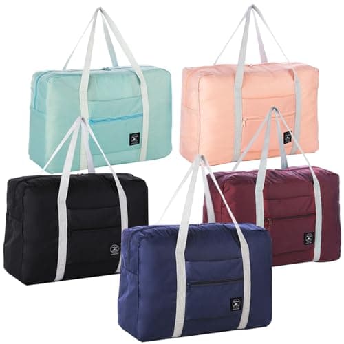 INVODA 5pcs Foldable Travel Duffel Bags Set - Waterproof Nylon, Blue, Pink, Green, Black, Red - 17.7 x 6.3 x 12.6 inches (Expanded), 7.5 x 6.7 inches (Folded)