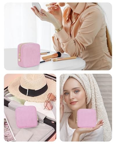 Wandering Nature Small Makeup Bag for Purse Zipper Cosmetic Bag for Women Pouch Travel Eco Vegan Leather Make Up Organizer for Toiletry Bag Water Resistant Gift Idea, Black, Corduroy Pink, Mini, — view 6