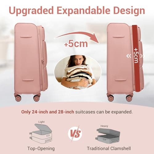 M Expandable 26" Medium Suitcase with 4 Spinner Wheels Lightweight Softside Hold Check in Luggage with TSA Lock, Pink — view 3