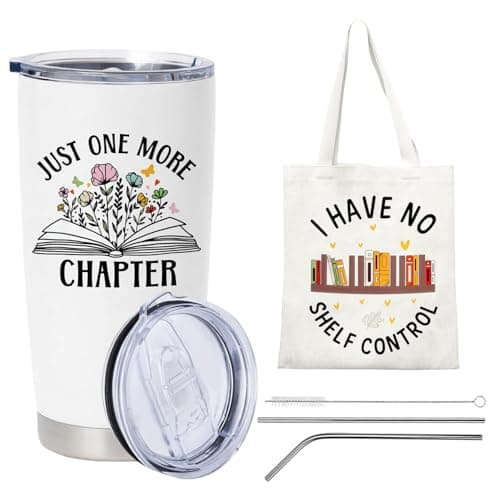 Onperpoe Book Lover Gifts Set, Canvas Bag and Stainless Steel Insulated Cup with Straw and Lid, Double Wall Vacuum Travel Coffee Tumbler Set Books Tote Bag Gifts for Book Lovers