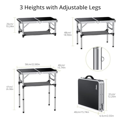 Anbte 2ft Folding Camping Table with Storage Net, 3 Adjustable Heights Small Folding Table, Lightweight and Portable, with Carry Handle, for Camping, Fishing, Picnic, Beach,Outdoor,Silver — view 3