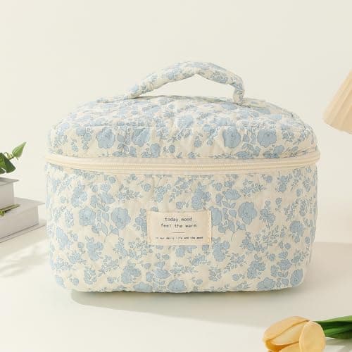 CHAMAIR 3Pcs Coquette Makeup Bag - Quilted Cosmetic Bag Large Make Up Bag Set Aesthetic Floral Toiletry Bag Cotton Travel Skincare Bag for Women Ladies Girls (Style B1) — view 2