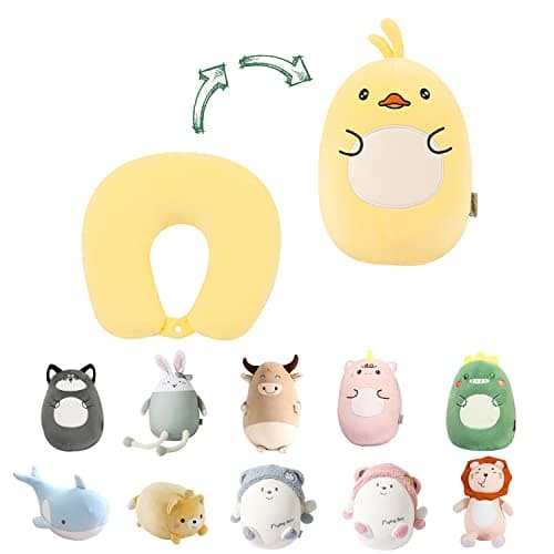 JOYRAVO Kids Travel Pillow - 2-in-1 Deformable Neck Pillow, Soft U-Shaped Pillow with Cute Plush Animals Comfy Sleep and Play Companion for Airplanes, Cars, and Travel - Yellow Duck