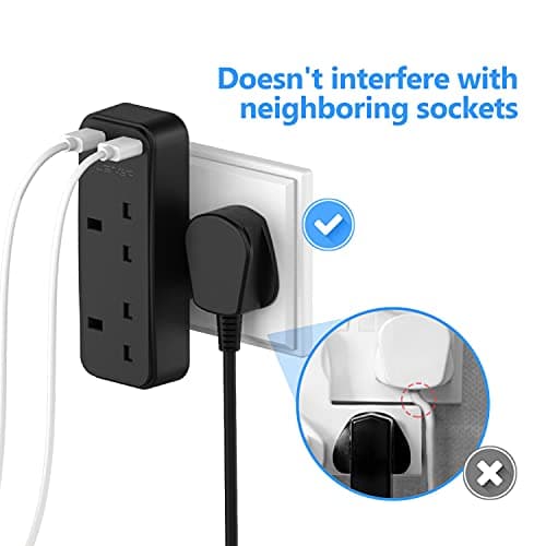 JSVER Double Plug Adapter with 2 USB Charging ports,Multi Sockets Plugs Extension Wall Charger Adapter 13A Power Socket for Travel, Home and Office, Black — view 3
